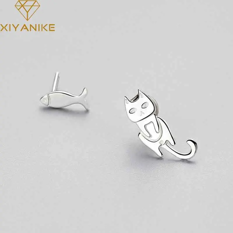 XIYANIKE 925 серебро корейский стиль милый кот рыба асимметричные серьги-гвоздики новые маленькие простые серьги ювелирные кольца для женщин