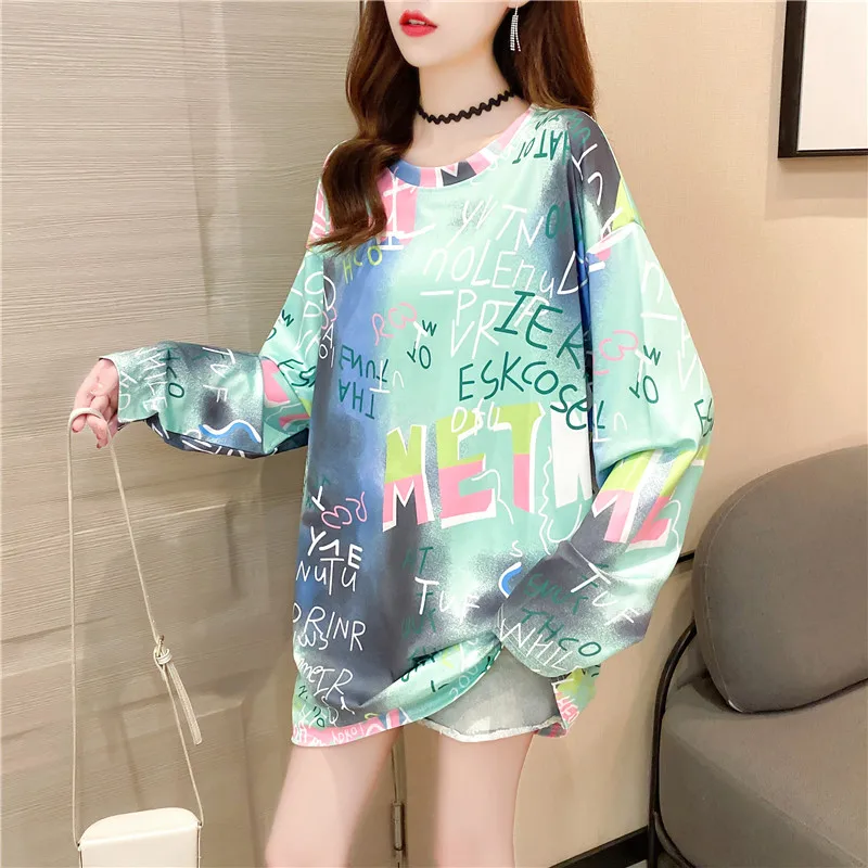 

Tie-dye Color T-shirt 2020 Summer Round Neck Letters Loose Long-sleeved Tee Tops Ladies Korean Style Tshirt Lazy Style