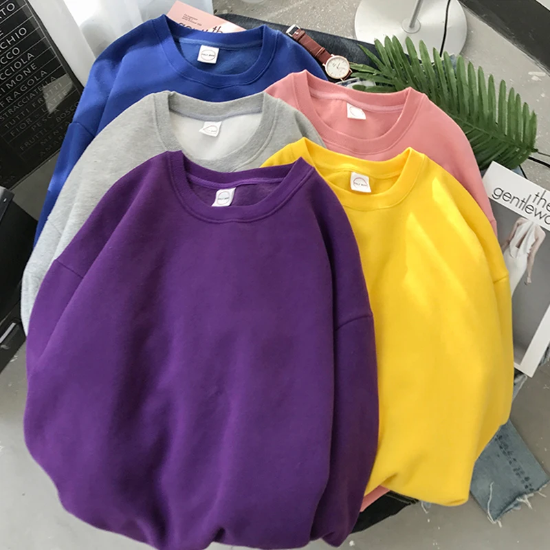 Woman Solid Color O-Neck Sweatshirt Casual Loose Fit Hoodie Harajuku Aesthetic Streetwear Velvet Pullover White Tops Korean Pop | Женская