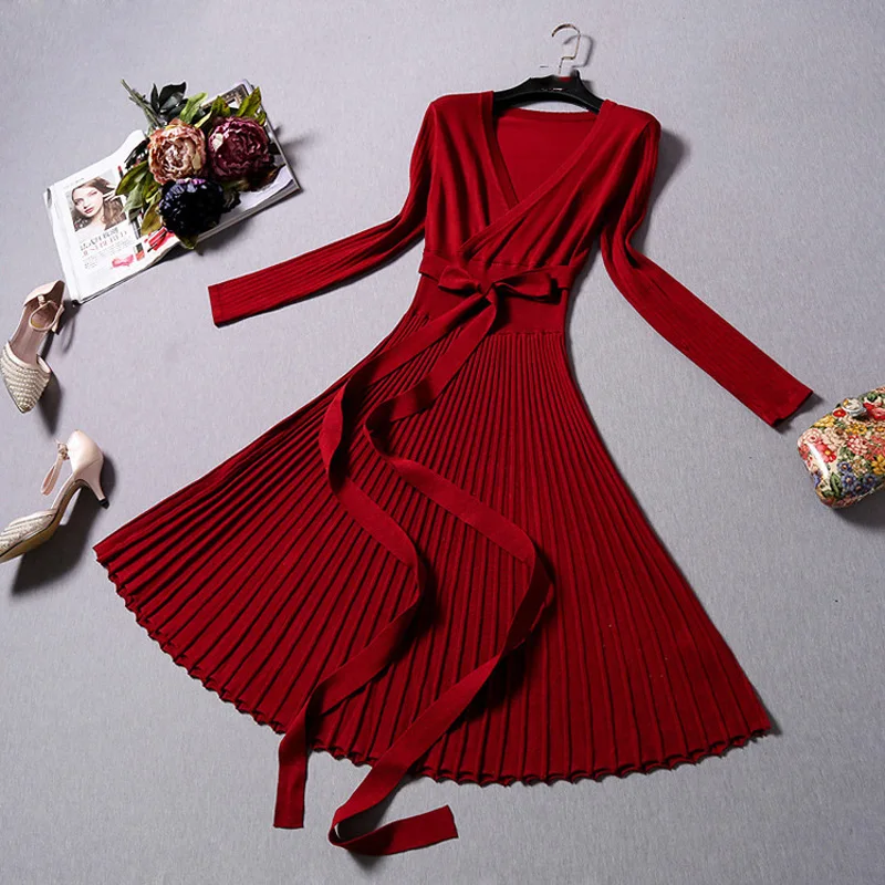 Элегантное красное платье-свитер в складку, женское платье, весна-осень, длинный рукав, v-образный вырез, с поясом, ТРАПЕЦИЕВИДНОЕ, миди, длинное, вязанное платье, P-233