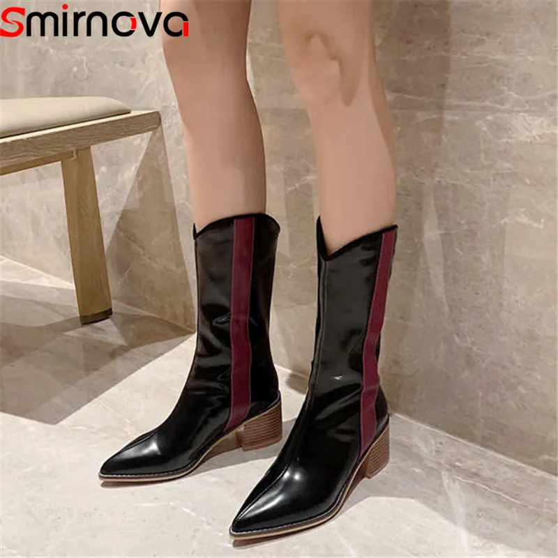 

Smirnova fahsion new Chelsea boots women pointed toe slip on autumn winter boots square high heels ladies mid calf boots 2020