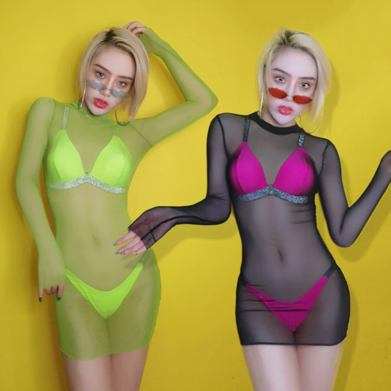 Сценические костюмы для певцов, диджей, одежда для выступлений, праздничная одежда, Одежда для танцев на шесте, леопардовое бикини, Сетчатое перспективное платье, DN4413