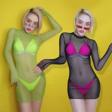 Сценические костюмы для певцов, диджей, одежда для выступлений, праздничная одежда, Одежда для танцев на шесте, леопардовое бикини, Сетчатое перспективное платье, DN4413