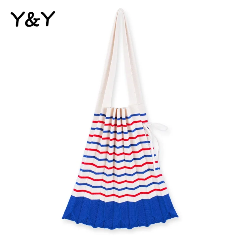 Y&ampY Woolen Knitted Bags Scissors Striped Shoulder Handbag Pleated Accordion Folded Beach Women's Leisure Shopping | Багаж и сумки
