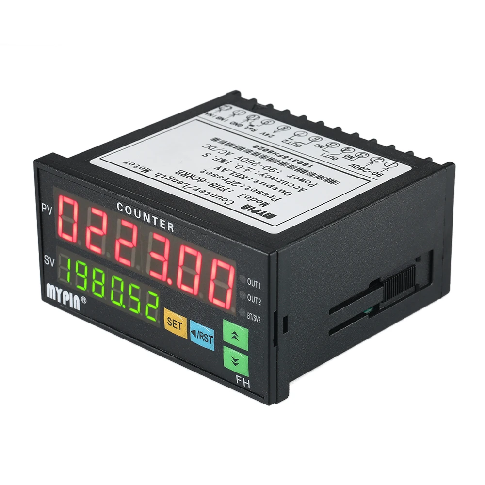 

Dual Display Digital Counter 6 Digits FH8-6CRRB Light-emitting Diode 90~265V AC/DC Length Meter with 2 Relay Output and Pulse