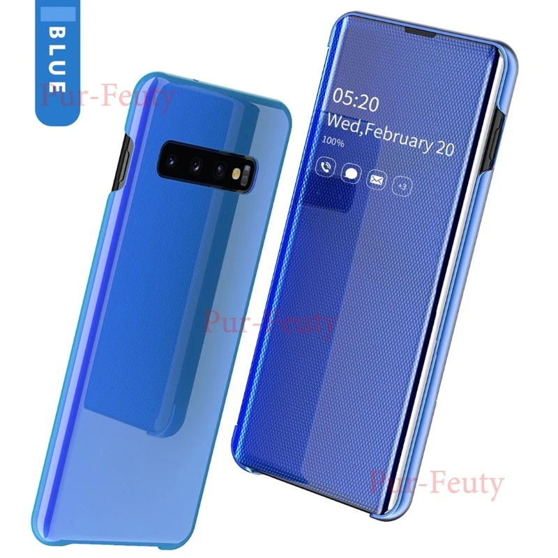BLUE Flip Case Умный зеркальный чехол с окошком для экрана флип раскладный кожаный чехол для samsung Galaxy S10 S9 S8 Plus Note 9 8 10 A10 A20 A30 A40 A50 A70 A7 крышка - Цвет: BLUE Flip Case