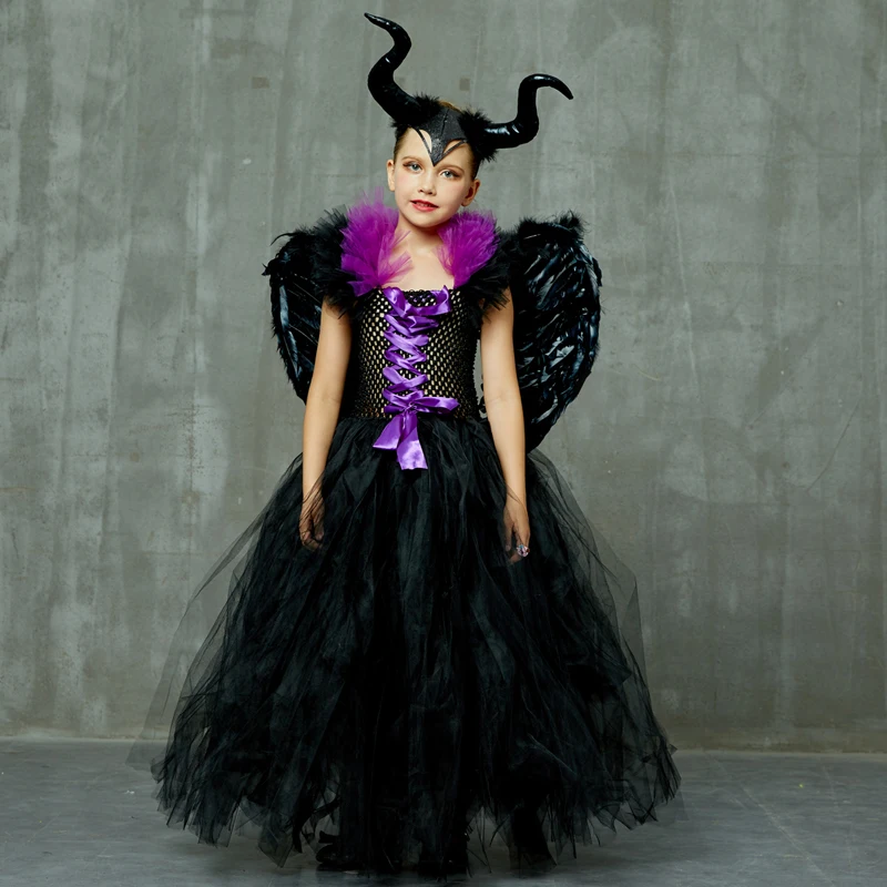 

Maleficent Black Gown Tutu Dress With Deluxe Horns And Wings Girls Villain Fancy Dress Kids Halloween Cosplay Witch Costume