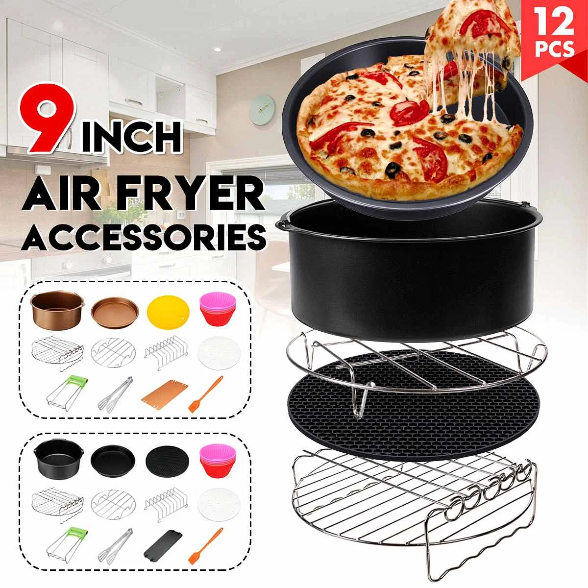 

Air Fryer Accessories 12Pcs 9'' Nonstick Set for 5.3-6.8QT Air Fryer Barbecue, Baking, Kitchen Cooker Cooking Tools Black/Gold