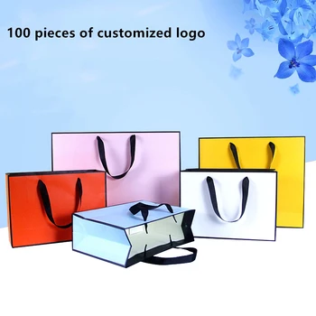 

100pcs /10pcs Gift Paper Bag Custom Gift Clothing Shopping Bag Kraft Paper Spot Printing Logo Solid Color Black White Pink