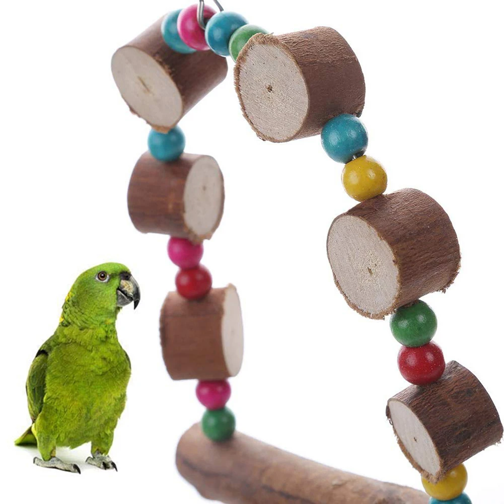 Pet Bird Parrot Wooden Beads Bell Hanging Swing Stand Bite-resistant Chew Toy
