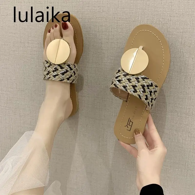 2020 Women Summer Beach Weave Slipper Fashion Metal Flat Heels Slippers Ladies Sandal Slip On Causal Flip Flop Size 35-40 | Обувь