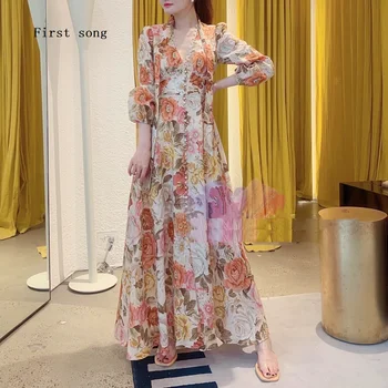 

French Tight Chiffon printing Lace Women's Sexy Long dress 2020New summer V-neck Long sleeve Elegant retro Party Women's dress