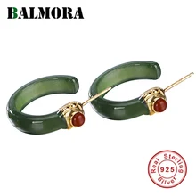 BALMORA Настоящее серебро 925 проба серьги-гвоздики для женщин полукруглая серьга с зеленым камнем подарок элегантные ювелирные изделия Этническая мода