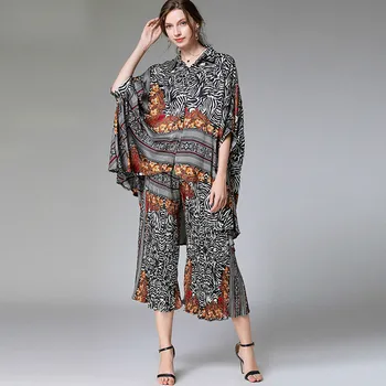 

LANMREM 2020 new summer fashion women clothing turn-down collar batwing sleeves printed shirt and loose wide pants set WL04407