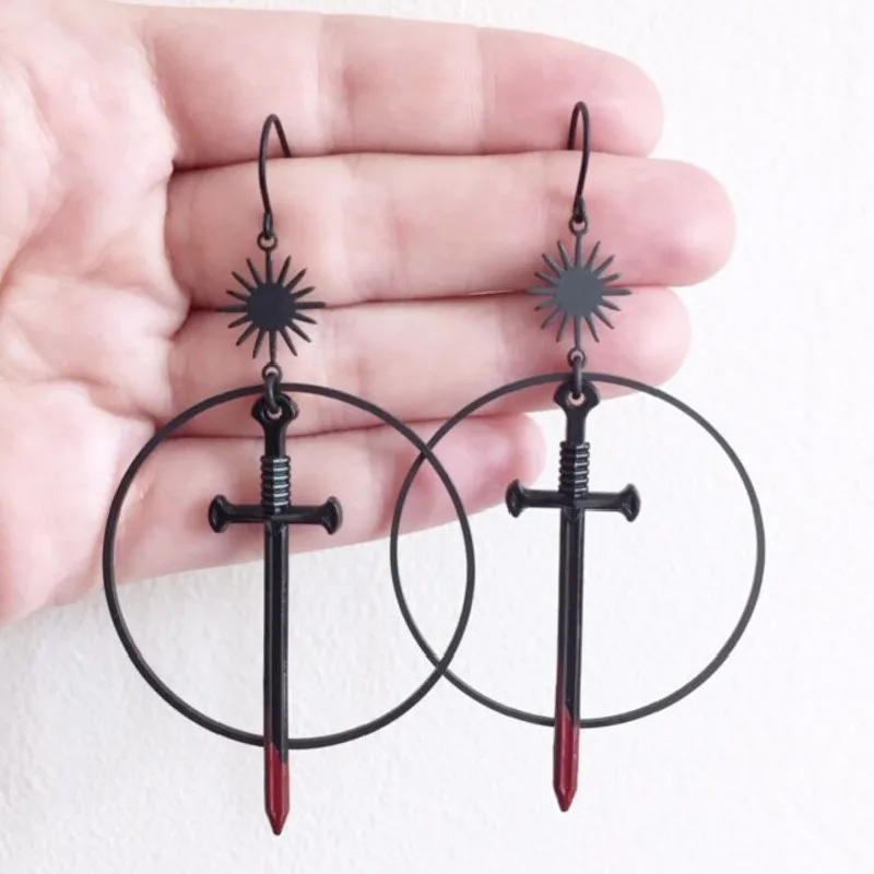 Gothic Black Night Warrior Earrings Sun Ring Sword Earrings Classic Eardrop Big Sword Statement Mystical Jewellery Women Gift drop earrings dangle earrings