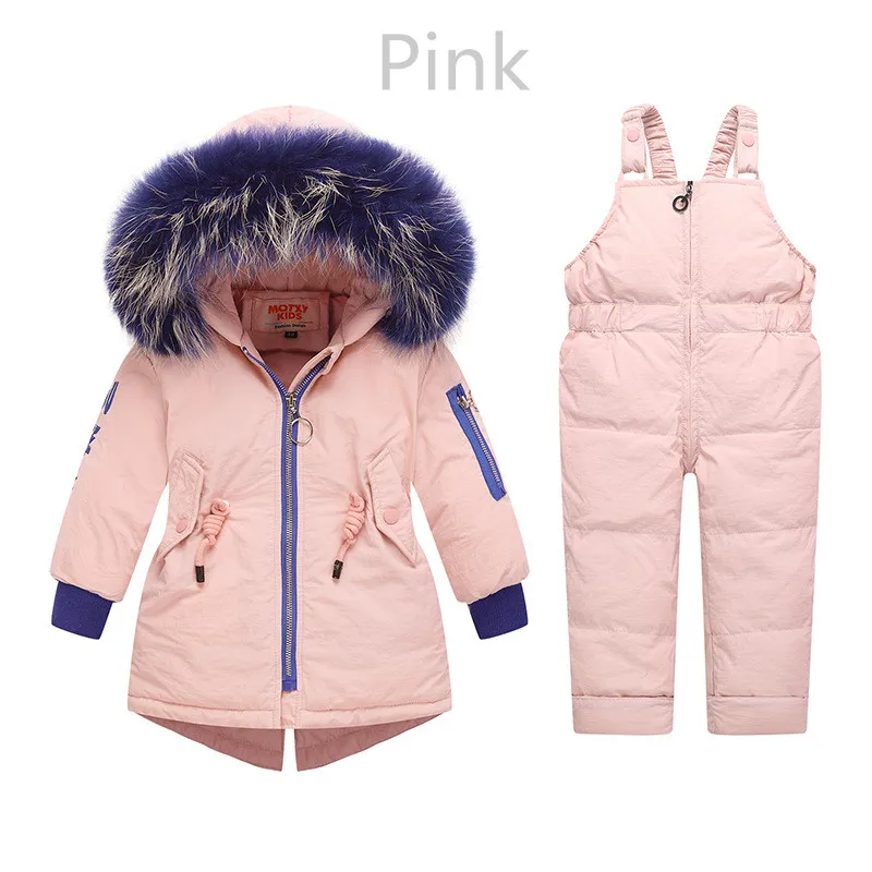 Pink Зимний утепленный детский зимний комбинезон, детский костюм с курткой-пуховиком 90% утиный пух, штаны-куртка для катания на лыжах, пуховое пальто для маленьких мальчиков и девочек - Цвет: Pink
