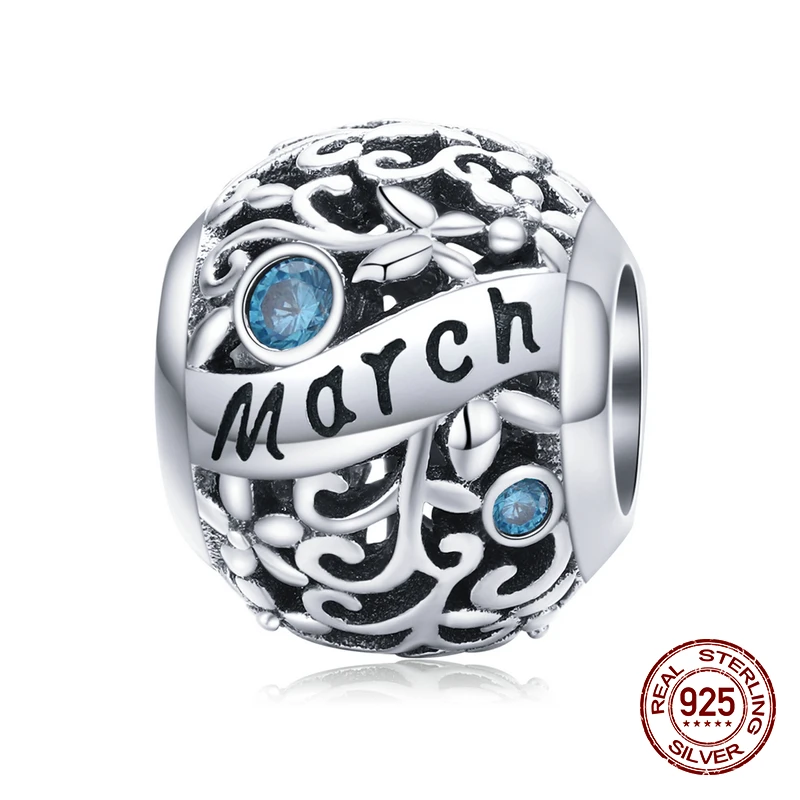 new Genuine 925 sterling silver twelve birthstone charm fit original Pandora beads bracelet charms women jewelry luxury making - Цвет: March