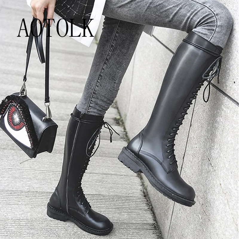 

Women High Boots Lace Up Winter Shoes Platform Thick Heels Round Toe Martin Boots Knee High Woman Shoes Black Riding Boots Brand