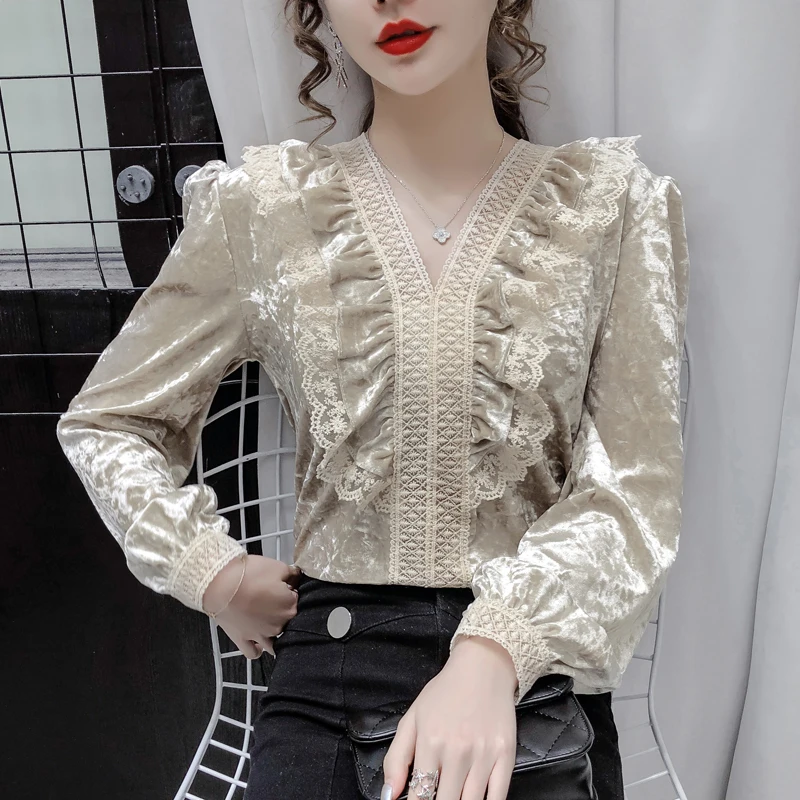 Korean V Neck Lace Velvet Blouse Elegant Winter Warm Long Sleeve OL Lady Office Blusa Autumn Spring Elegant Shirt Party Clothing