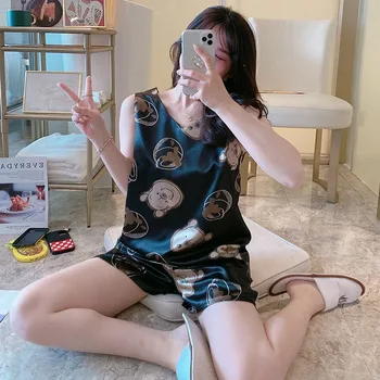 

Silk Satin Lace Women Bow Tie Pajamas Sets Nightwear Two-pieces Sleepwear with Short Pants Pyjama High Quality Nightdress Summer