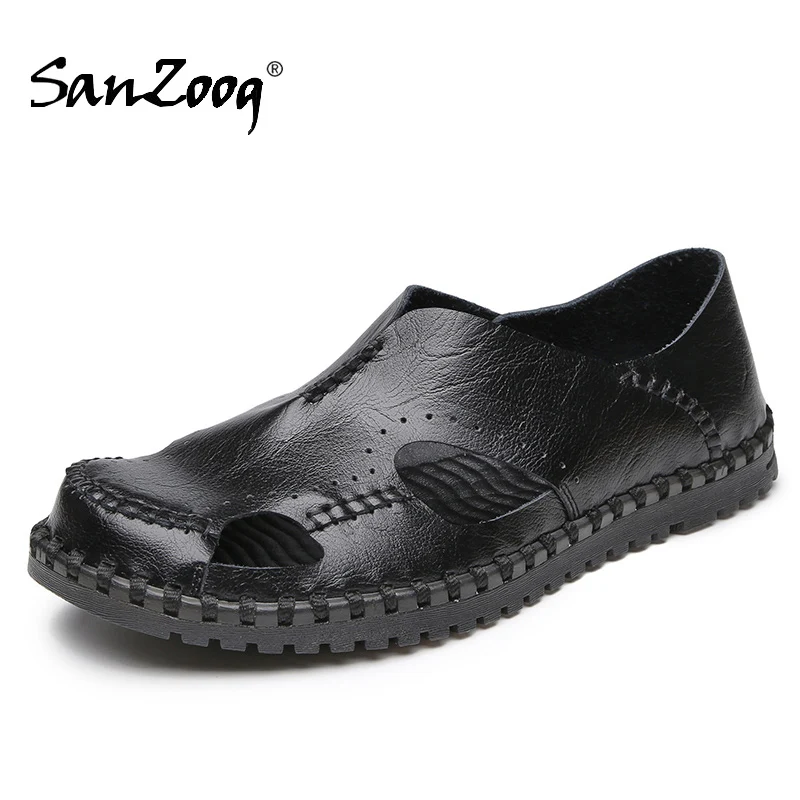 

black closed toe men flat leather sandals are summer for men's outdoor hiking beach waterproof light slip on sandal shoes