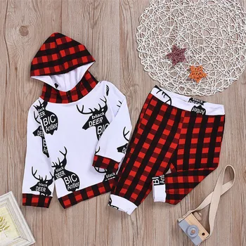 

Christmas Newborn Baby Sets Newborn Infant Baby Christmas Cartoon Deer Plaid Hooded Tops Plaid Pant Outfits Ropa Bebe Navidad