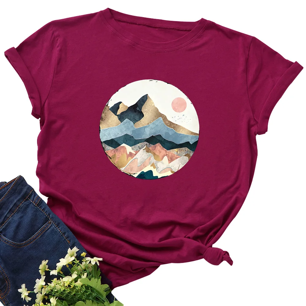 Plus Size Women's Tops T Shirt Creative Golden Mountain Peak Women T-shirt Graphic Funny Print Cotton Tshirt Summer Top Tees