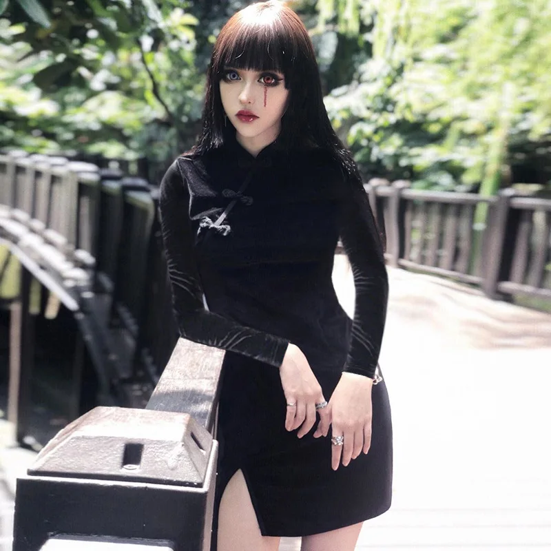 Готическое женское платье cheongsam китайский стиль обтягивающее мини платье Уличная Сексуальная винтажная harajuku Летняя женская одежда тонкий черный