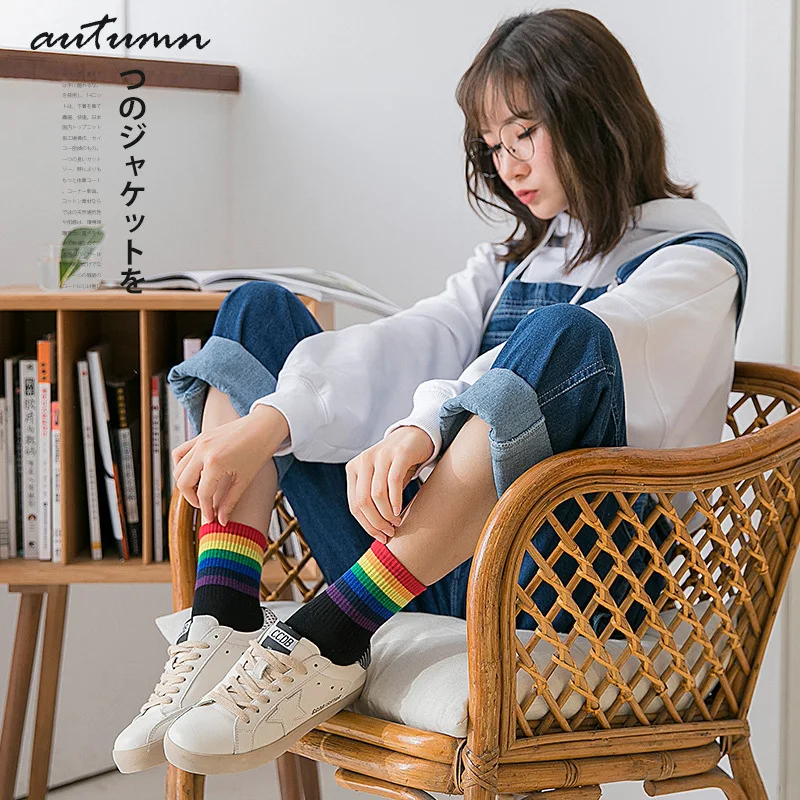 Winter Women's Socks Cotton Rainbow Stripes Socks Christmas Fashion Warm Christmas Casual Tide Socks harajuku korean