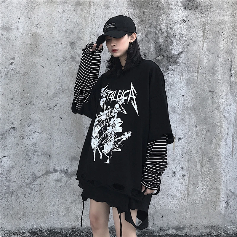Woherb Harajuku Свитшот женский черный поддельный 2 шт толстовки в полоску с принтом