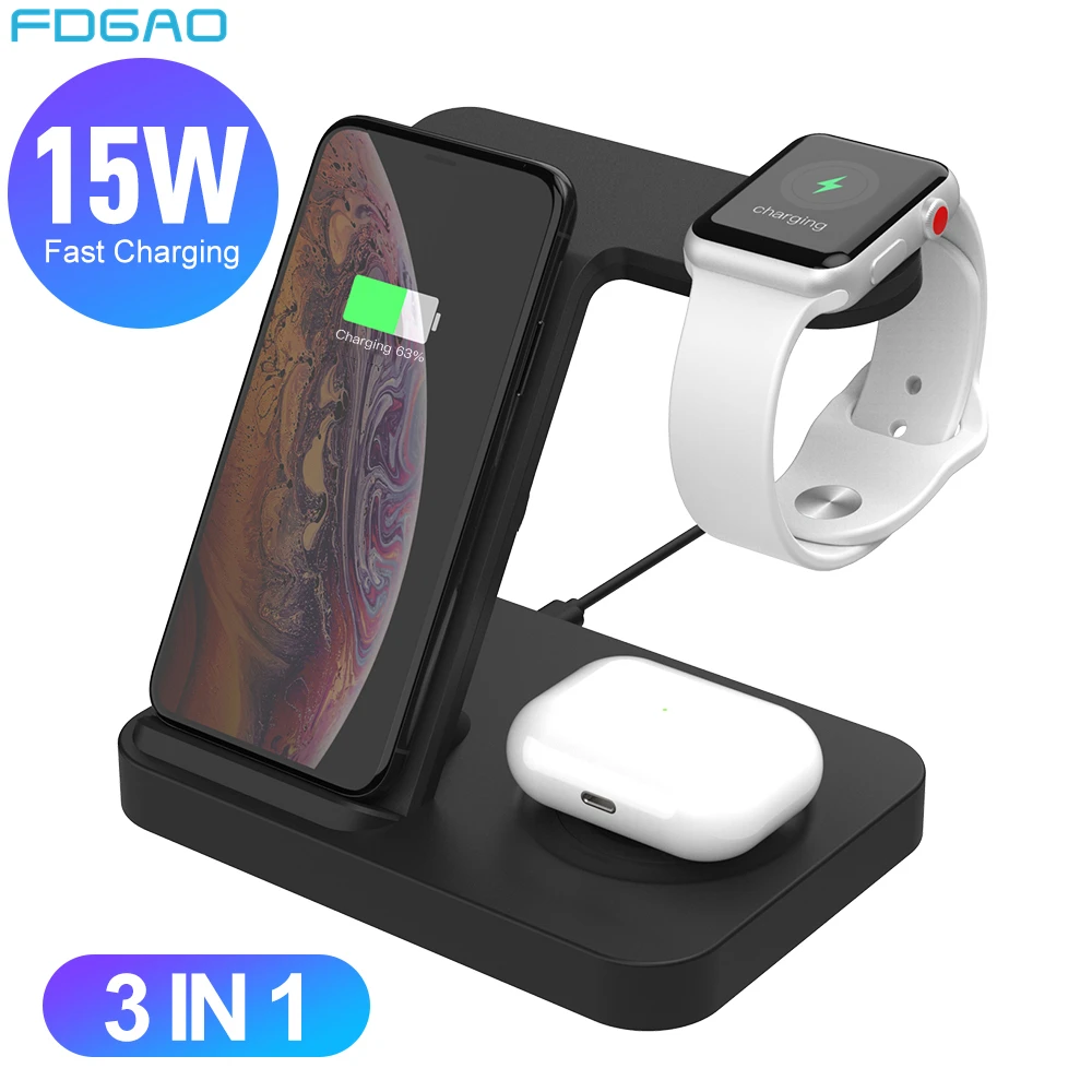 FDGAO 15W Fast Qi Wireless Charger for Apple Watch 6 5 Airpods Pro iPhone 12 11 XS XR X 8 Desktop Stand 3 in 1 Charging Station