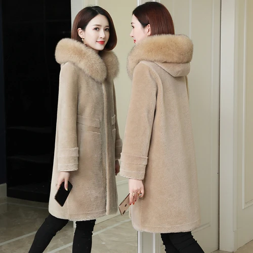 beige Women's Real Fur Coat Winter Clothes Women Fox Fur Collar Long Sheep Shearing Wool Fur Jacket Korean Fur Coats KJ3569 - Цвет: beige
