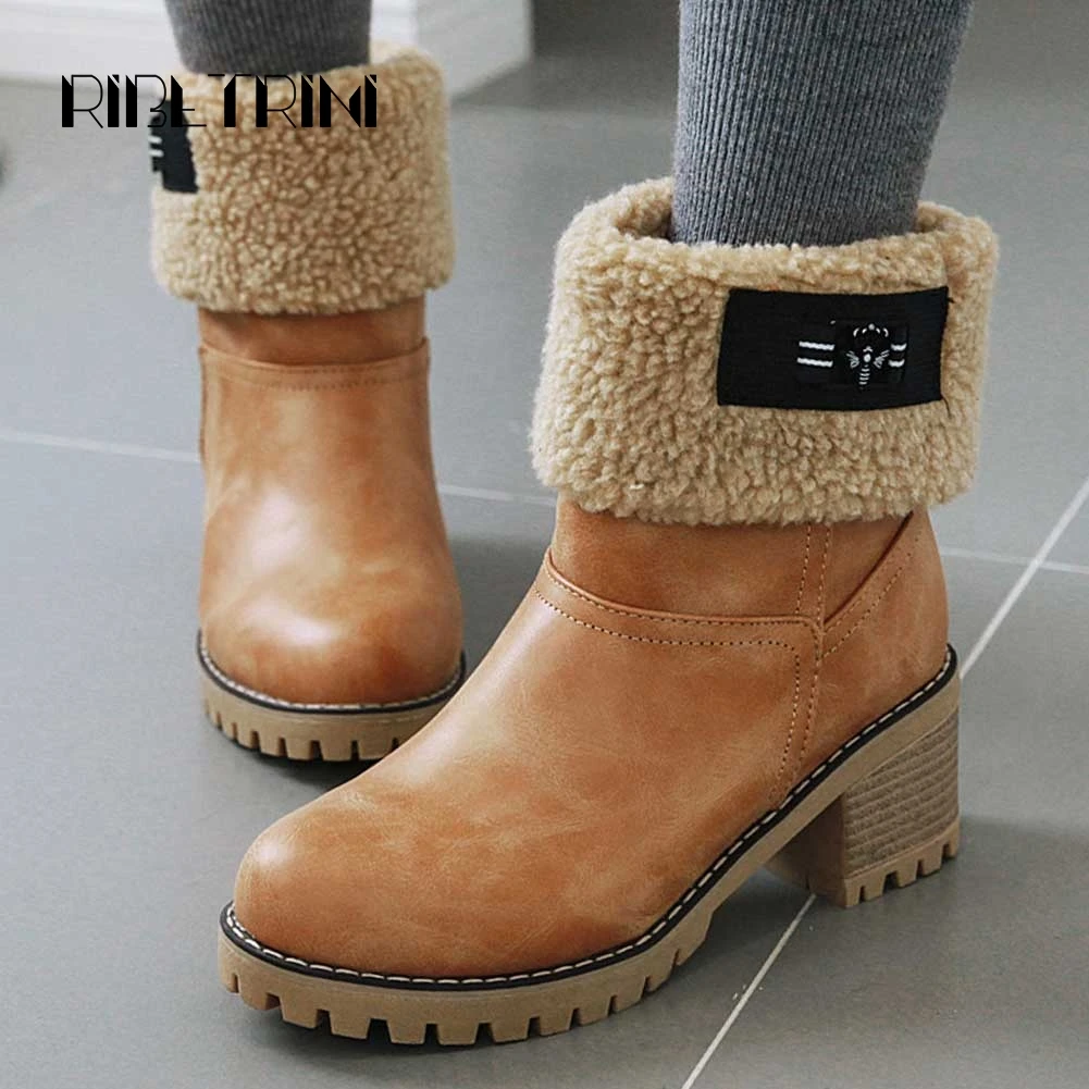 

RIBETRINI Women Snow Boots Chunky Heel Shoes Woman Winter Fur Shoes Round Toe Platform Slip On Ankle Boots Big Size 34-46