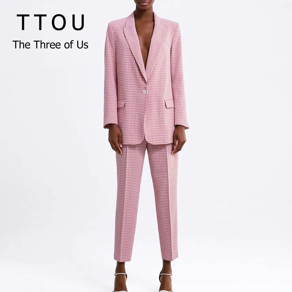 

Pink Plaid Women Pant Suit Set blazer Pockets Single Button Long Sleeve Female Casual Top+ Office Lady Pant 2 Pcs Sets Work Wear