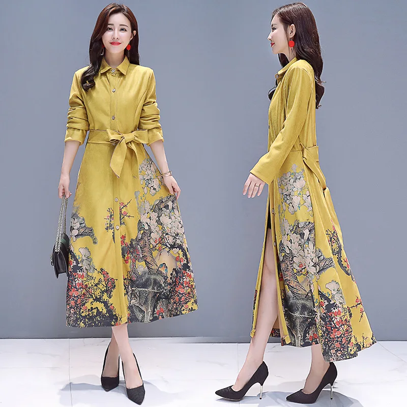 

2018 Autumn And Winter New Style Large Size Retro Slim Fit Slimming over-the-Knee Trench Coat Suede Printed WOMEN'S Dress Coat