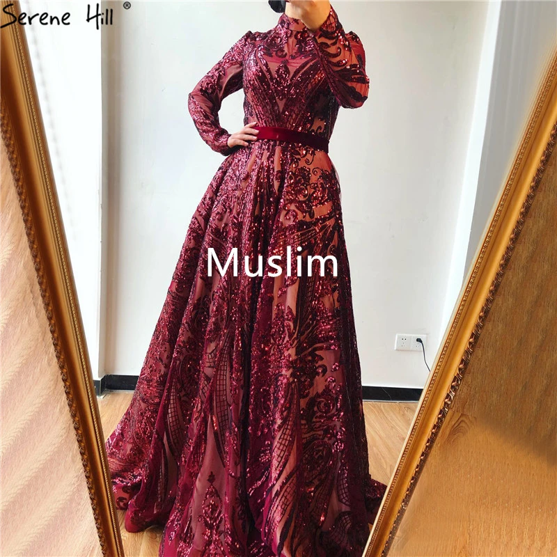 Muslim Red Серен Хилл Дубай ТРАПЕЦИЕВИДНОЕ мусульманское вечернее платье с длинным рукавом Роскошное винтажное блестящее вечернее платье с блестками CLA60799 - Цвет: Muslim Red