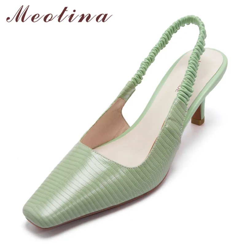 

Meotina Real Leather High Heel Slingbacks Shoes Women Pumps Square Toe Stiletto Heels Dress Footwear Female Summer Black White