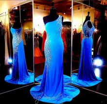 Синее облегающее вечернее платье на одно плечо прозрачное Привлекательное