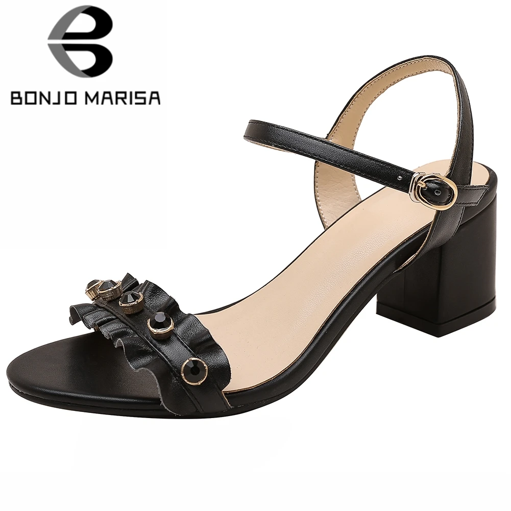 

BONJOMARISA Brand Fashion Lady Genuine Leather Sandals Pleated Metal Crystal Summer Sandals Women Casual High Heel Shoes Woman