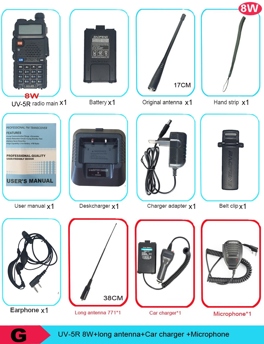 G Высокая мощность 8 Вт baofeng UV-5R портативная рация UV 5R FM VHF/UHF Двухдиапазонная двухсторонняя рация для охотничьих радиоприемников - Цвет: G
