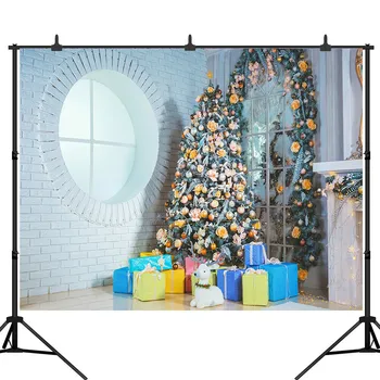 

Christmas Tree Photography Background White BrickWall Round Window Gift Backdrop