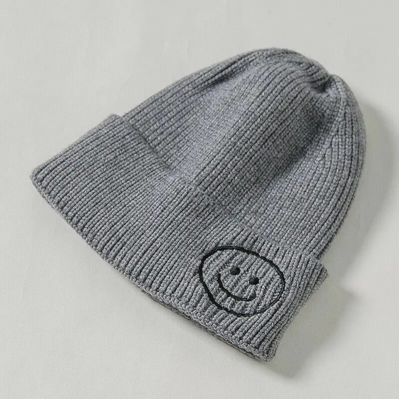 HOT 1Pcs Warm Wool Knit Elasticity Hat Kid Boy Girl Autumn Winter Embroidered Smiley Hat 6M-8T - Цвет: Серый