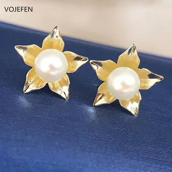 

VOJEFEN 18 K Yellow Gold Floral Freshwater Cultured Pearl Stud Earrings Fine Jewelry For Women Girls Flower Earrings Stud