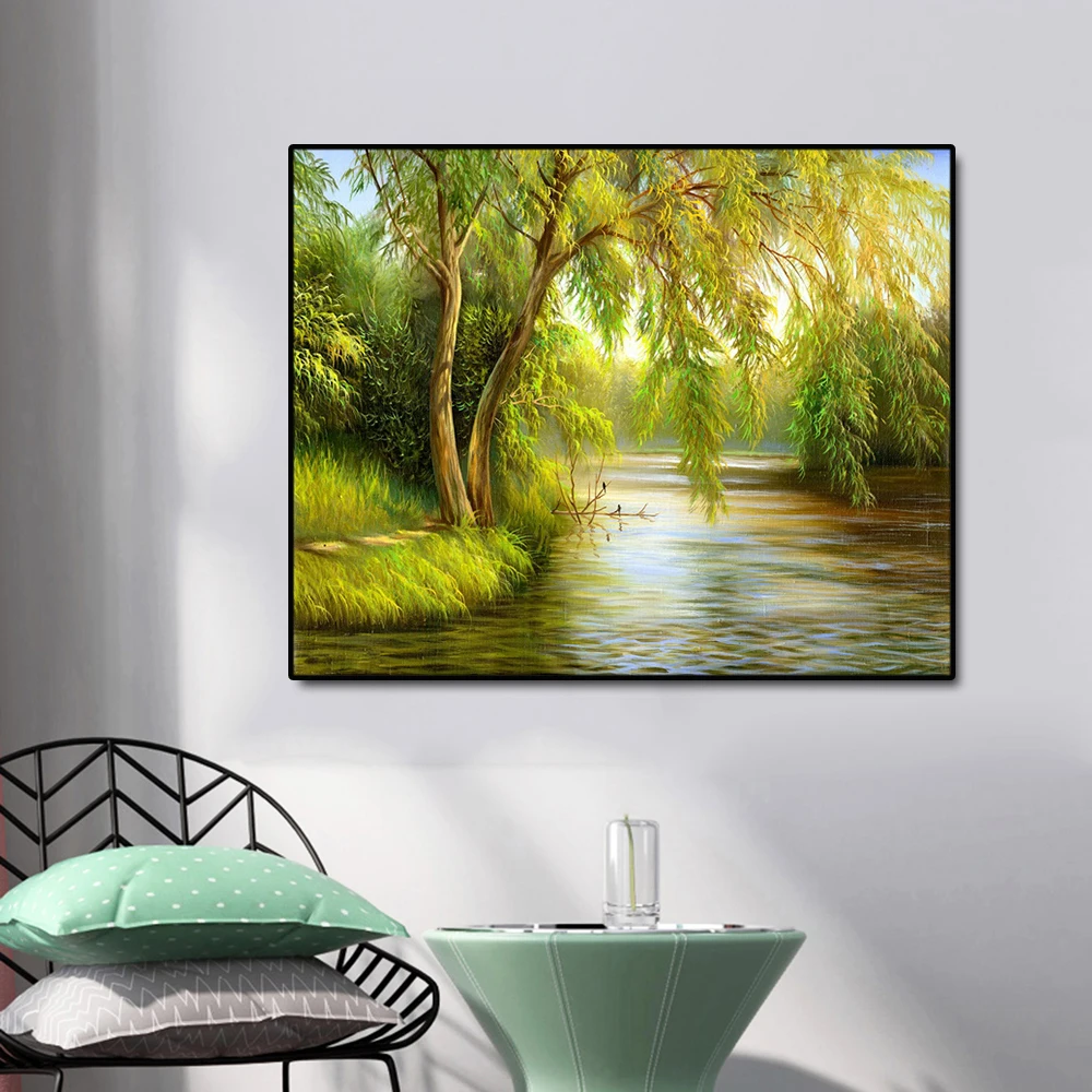 

Cassisy Canvas Art Oil Painting Tree by the river Drooping branches Art Poster Wall Decor Modern Home Decoration For Living Room