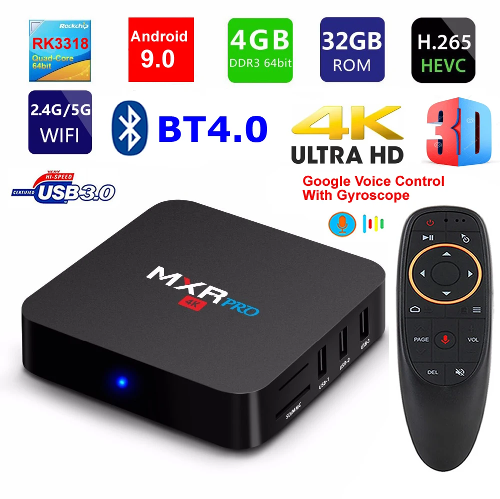 Приставка Смарт ТВ MXR PRO Android 9 0 четырехъядерный процессор RK3318 4 ГБ/32 ГБ 4K HDR 3D 2 4G/5G