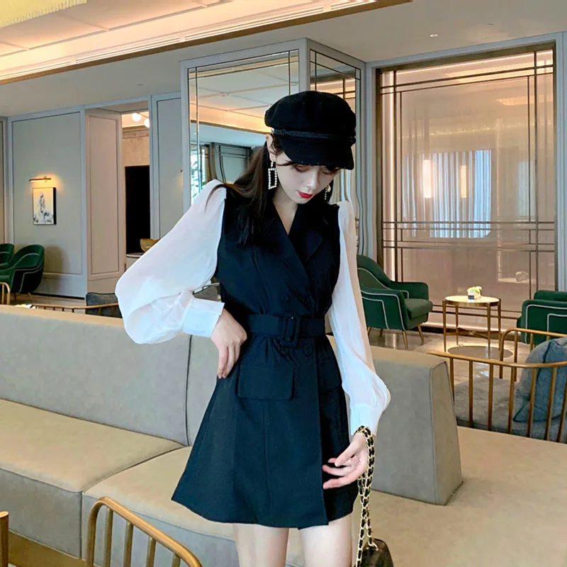 

2019 New Style Autumn Hong Kong Flavor Double Breasted Suit Women's Elegant Waist Hugging Coat Long Sleeve Mid-length Splicing D