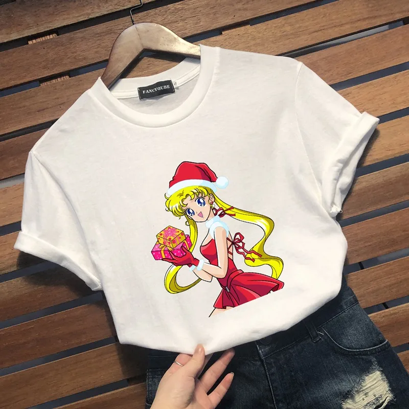 Сейлор Мун Рождество Топы для женщин мультфильм манга печати Harajuku короткий рукав футболки женские футболки