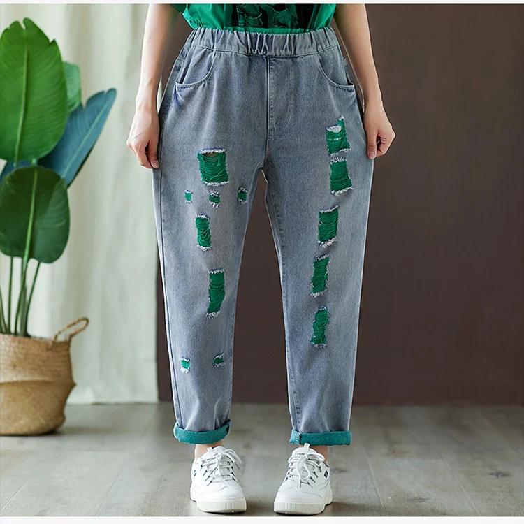 4624 Distressed Denim Ripped Jeans For Women Elastic Waist Casual Harem Jeans Loose Wide Leg Vintage Jeans With Hole Plus Size - Color: green