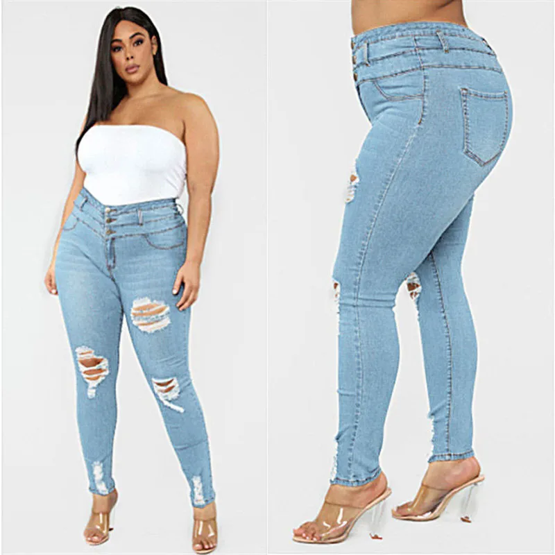 Plus Size Jeans For Women High Waist Ripped Skinny Jeans Fashion Casual 