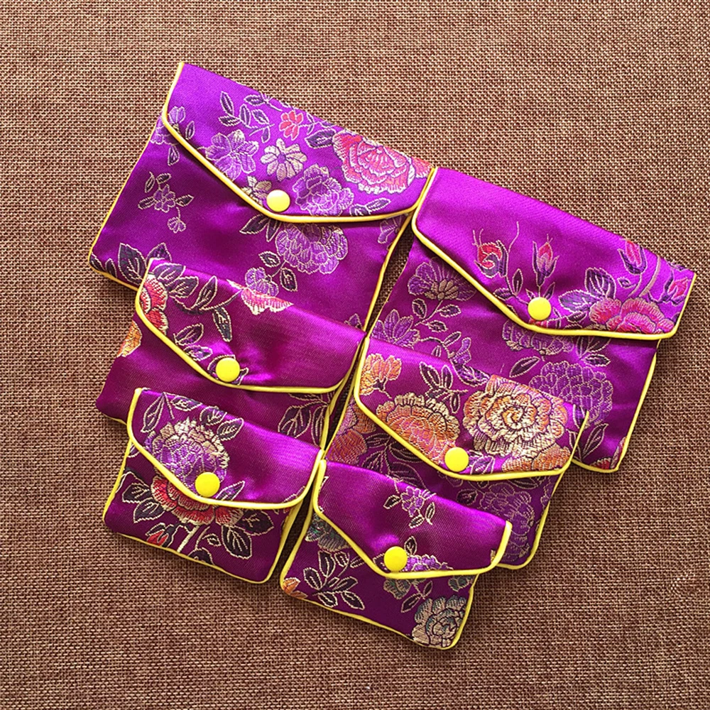 Hot Sale Chinese Brocade Handmade Silk Embroidery Padded Zipper Small Jewelry Gift Storage Pouch Bag Snap Case Satin Coin Purse